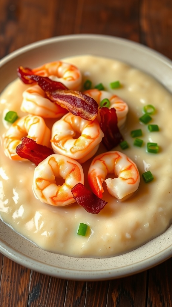 Creamy shrimp and grits served on a plate, topped with bacon and green onions.